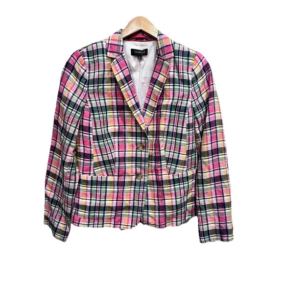 Talbots Women Pink Plaid Blazer Jacket Linen Cotton Collared Button Pockets Sz 6 - Picture 1 of 7